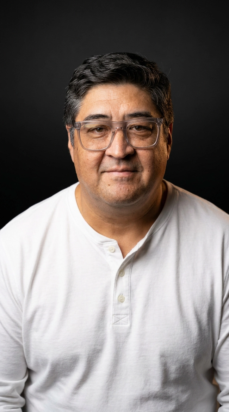James DeLong in a white Henley against a black backdrop